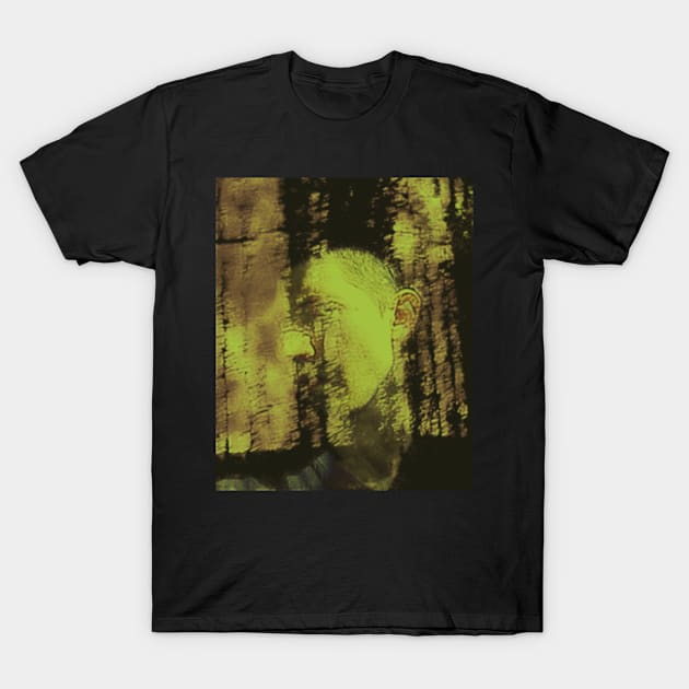 Portrait, digital collage and special processing. Masterpiece. Man looking to car window, reflection. Summer. Desaturated yellow. T-Shirt by 234TeeUser234